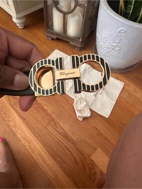 Salvatore Ferragamo Black and Gold Striped Double Gancio Buckle Belt